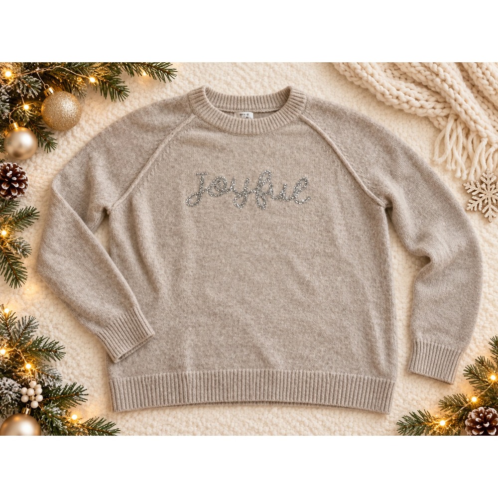 Maurices Plus Size 2X Christmas Sweater Beige JOYFUL Silver Metallic Holiday